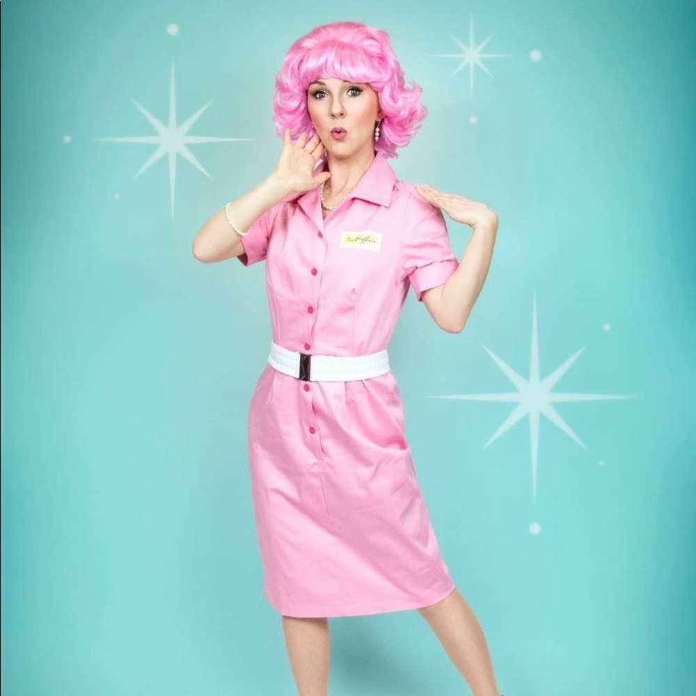 Frenchy wig and dress.